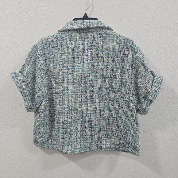 ZARA Short-Sleeve Tweed Crop Top Shirt Women’s Size S Green Blue White Bouclé... - Picture 9 of 10